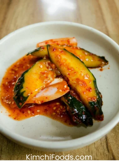 cucmber kimchi in a white bowl placing on the wooden table